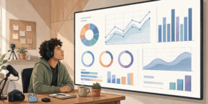 Illustration of a video creator looking at a channel analytics dashboard with charts and graphs on a large screen