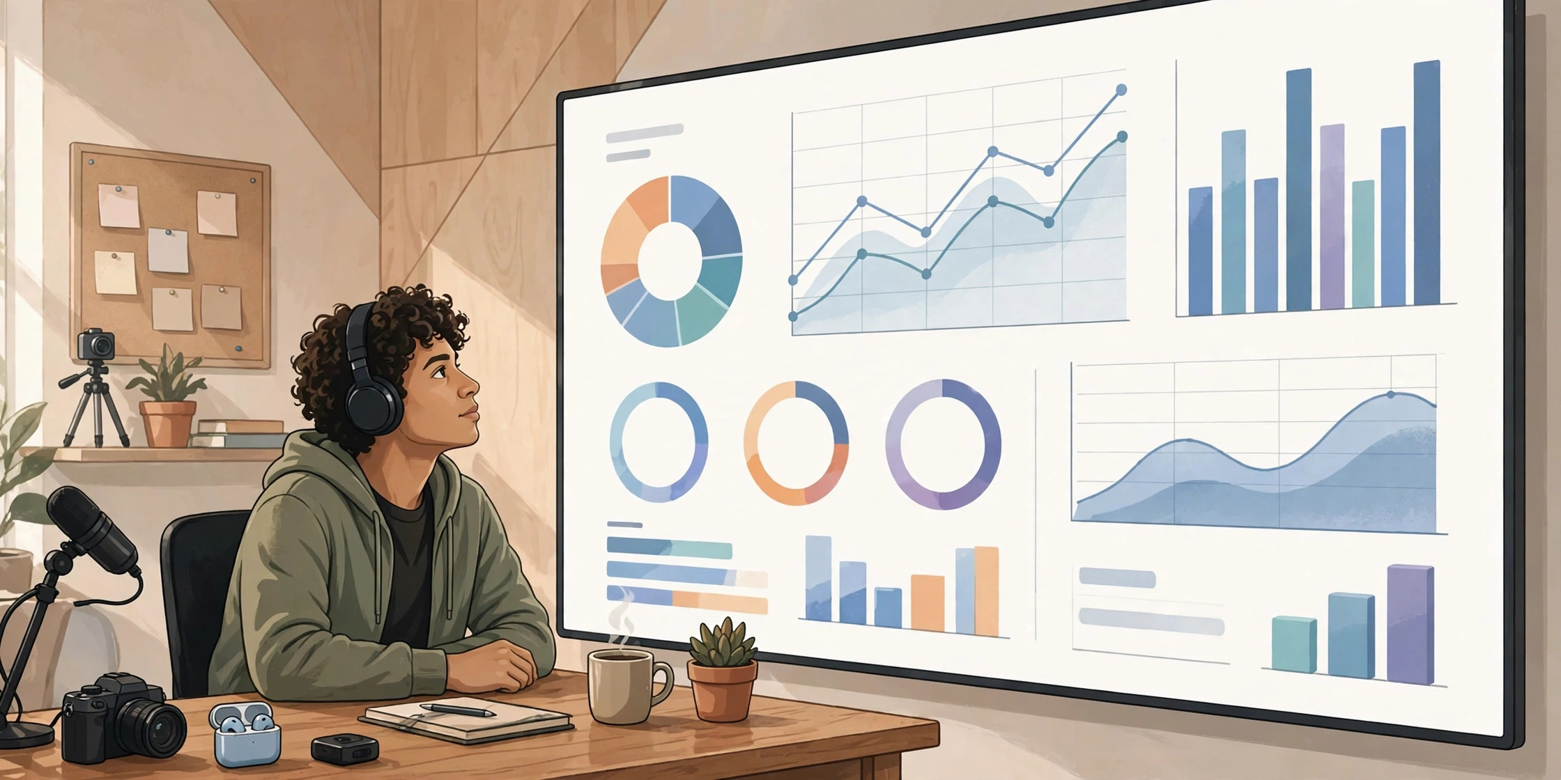 Illustration of a video creator looking at a channel analytics dashboard with charts and graphs on a large screen