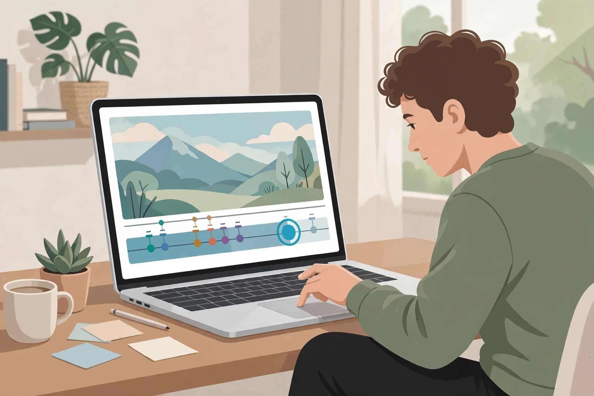 Illustration of a video timeline with chapter markers and timestamps, a viewer scrubbing through sections on a laptop