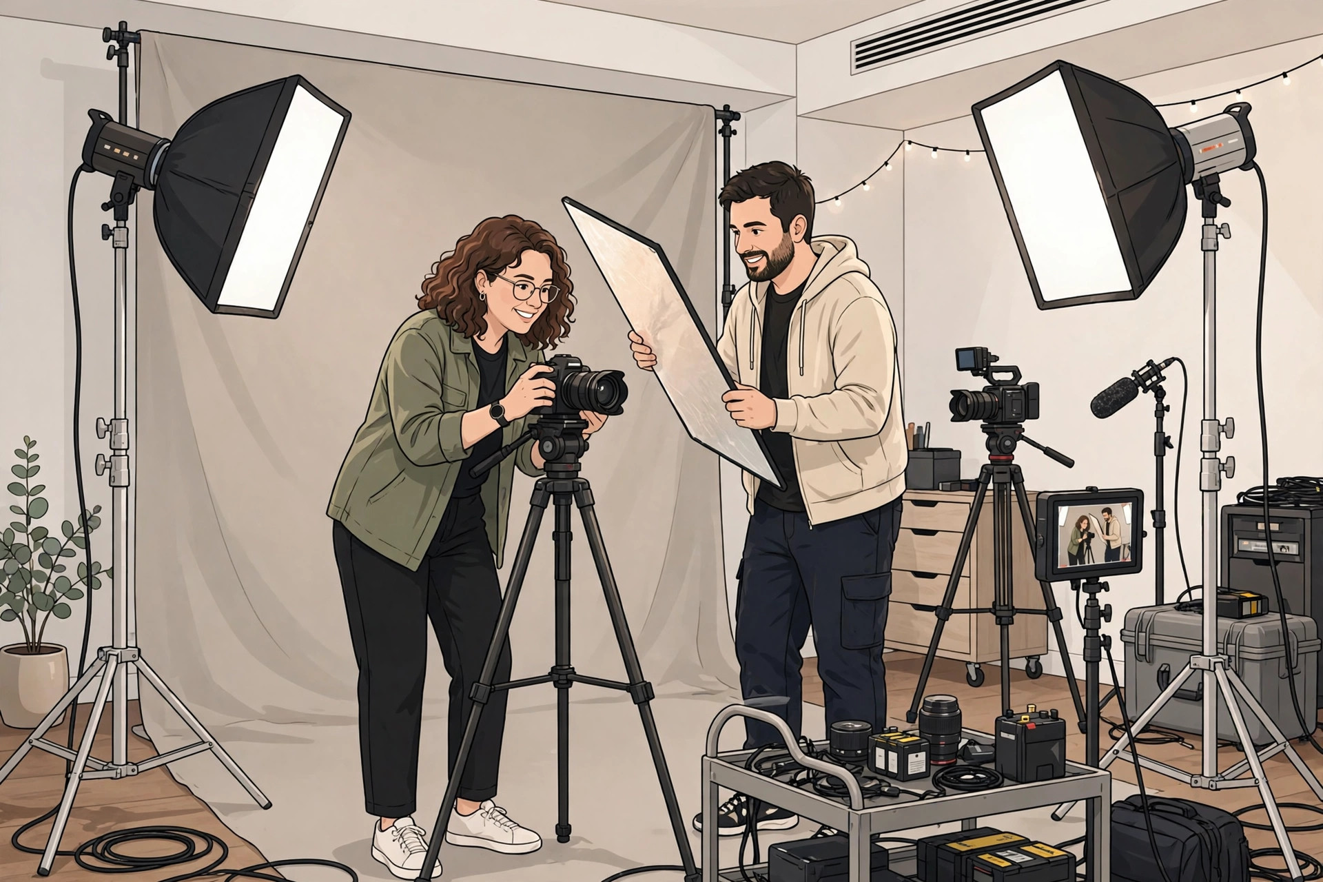 Illustration of two video creators collaborating and filming together with cameras and lights in a studio