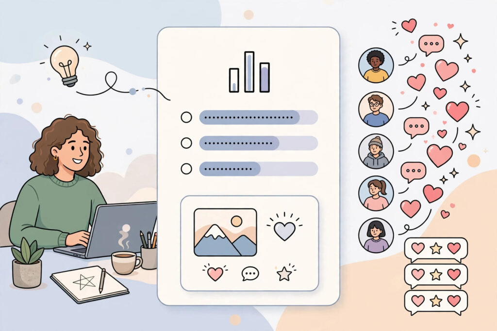 Illustration of a creator posting a poll and updates on a community feed, followers reacting with hearts and comments