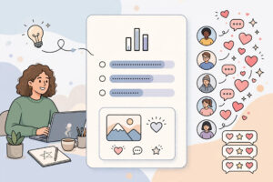 Illustration of a creator posting a poll and updates on a community feed, followers reacting with hearts and comments