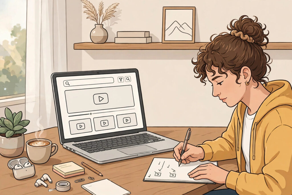 Illustration of a creator writing a video description at a desk with a laptop showing a video page and search icons