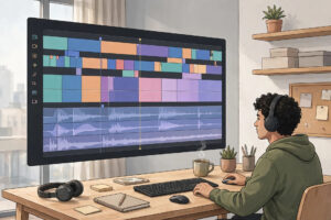 Illustration of a video editing timeline with cuts and clips on a large screen, editor working at a desk