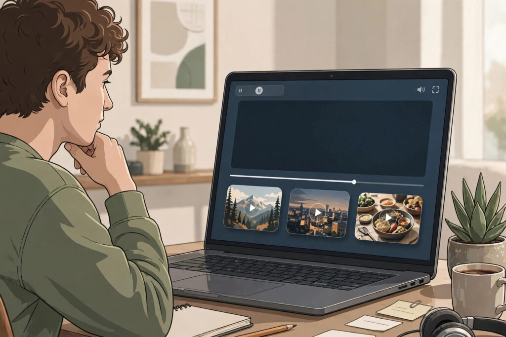 Illustration of a video player with end screen suggestion tiles and a viewer watching on a laptop