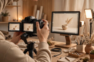 Illustration of a creator filming a video without showing their face, camera focused on hands and a screen, warm studio lighting