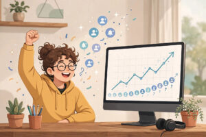 Illustration of a small channel growing with subscriber icons and a rising chart on a screen, creator celebrating modest growth