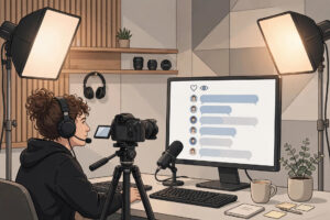 Illustration of a video creator live streaming with a camera and a live chat panel on screen, studio lights