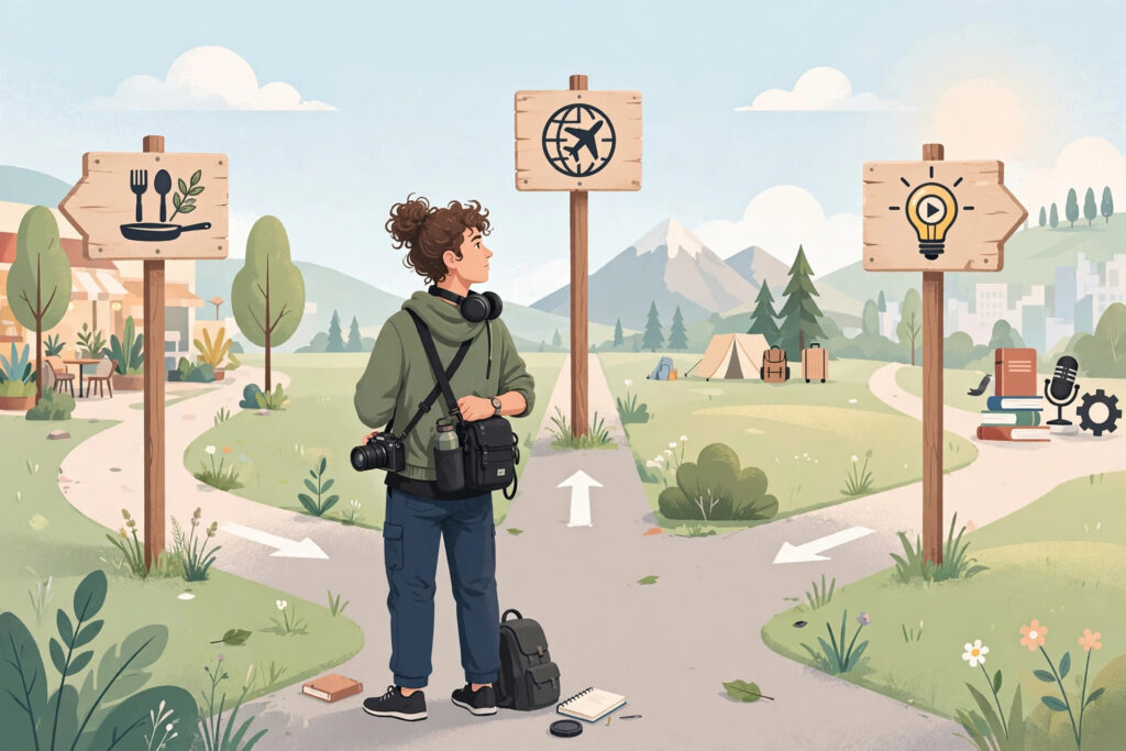 Illustration of a video creator choosing between different content topic paths at a crossroads with signposts