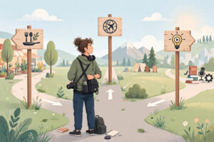 Illustration of a video creator choosing between different content topic paths at a crossroads with signposts