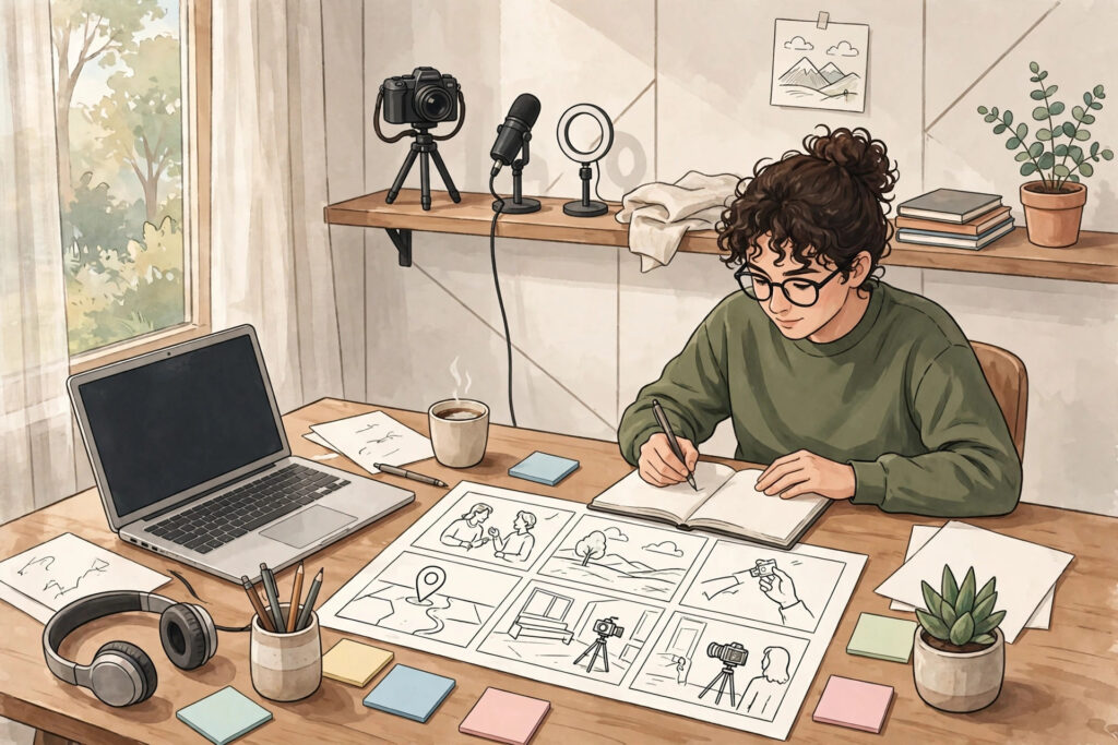 Illustration of a video creator writing a script at a desk with notes and a storyboard, laptop nearby