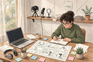 Illustration of a video creator writing a script at a desk with notes and a storyboard, laptop nearby