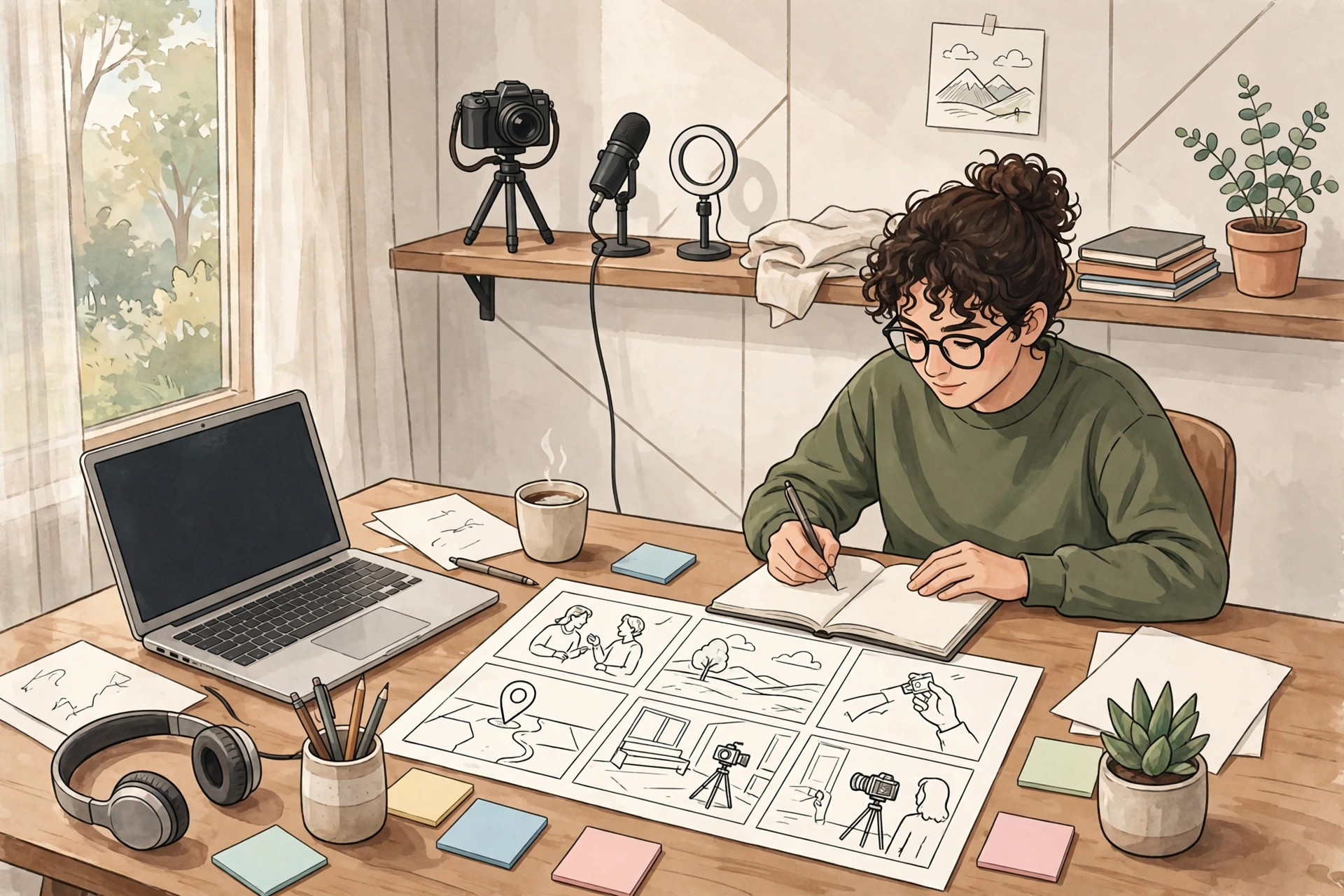Illustration of a video creator writing a script at a desk with notes and a storyboard, laptop nearby