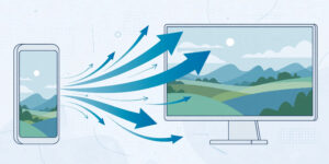 Illustration of a short vertical video expanding into a wide full video on a large screen, growth arrows