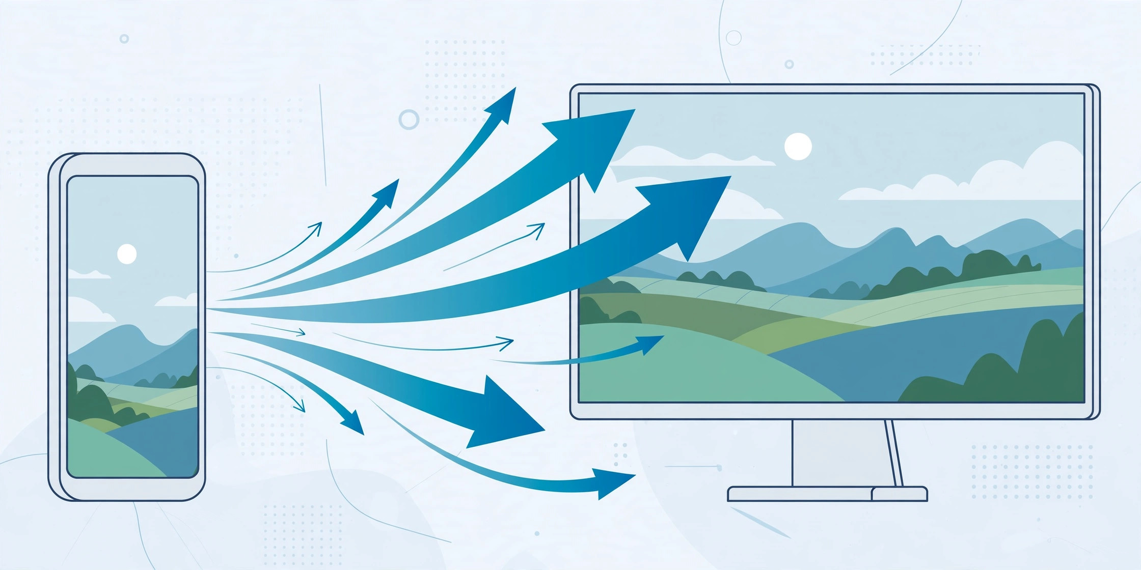 Illustration of a short vertical video expanding into a wide full video on a large screen, growth arrows