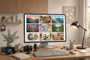 Illustration of a creator's workspace with a computer screen showing a grid of colorful video thumbnails